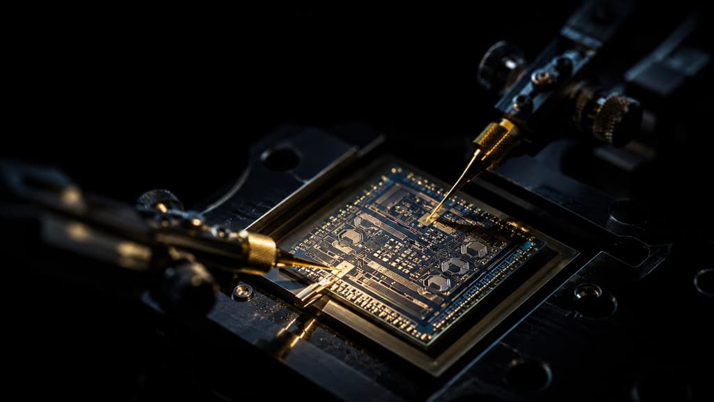 Microchip under precision probe needles during semiconductor testing