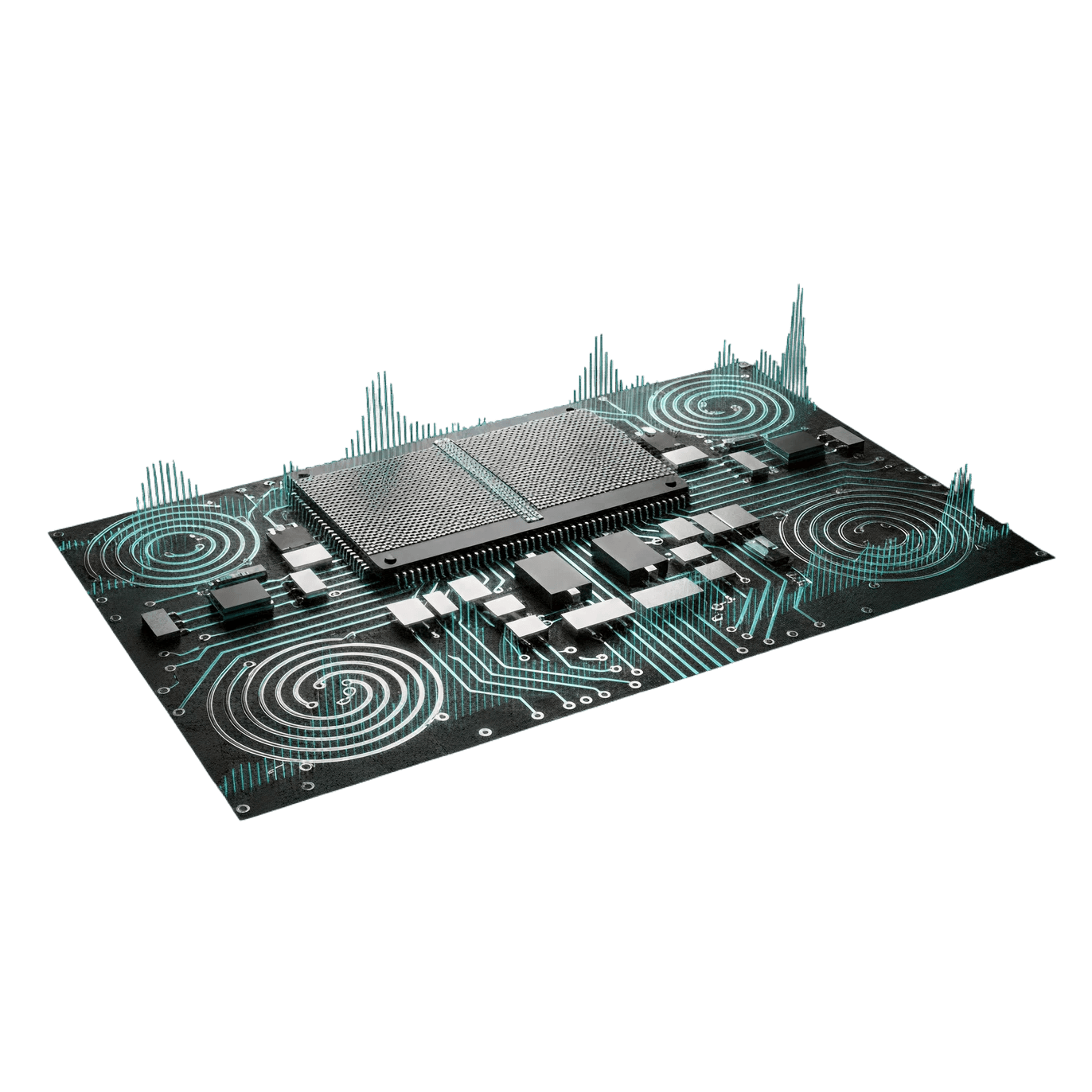 RF die layout with concentric inductor rings and EM simulation overlay